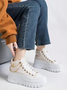 Alan Vincent[帆布鞋系列]厚底帆布鞋 2025 新款女式高帮帆布鞋配金链厚底鞋增高运动鞋女士运动鞋米色女鞋时尚休闲帆布女鞋