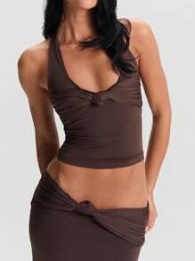 Womens Stylish Halter Neck Camisole Tops Summer Sleeveless Solid Hue Knot-Front Elegant Blouses Dressy Shirt Tops