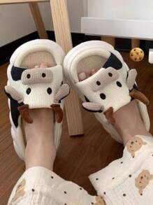Modelos para hombre y mujer de zapatillas de casa de algodón y lino, zapatillas de casa de dibujos animados de vaca - Beis - Ver 8
