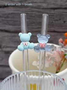 2pcs Twin Bears Glass Straws With 1pc Straw CleaningBrush, 8mm Reusable Straws, Drinking Straw Bent, Gift For Friends, Valentine's Day Gifts - Multicolor - View 7