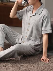 [PONX]男士格子睡衣套装（两件套），短袖开衫上衣和长裤，透气吸湿家居服 - 淺灰色 - 查看 2