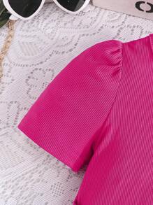 2件套女童短袖圆领交叉装饰T恤+印花裤套装，时尚百搭，适合户外夏季穿着 - 玫紅色 - 查看 4