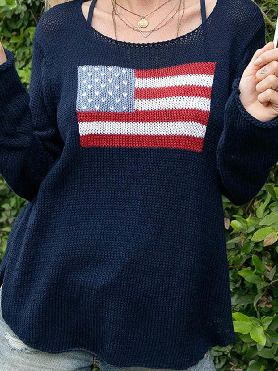Women's Spring Autumn Knit Sweater Long Sleeve Crewneck Flag Print Loose Fitting Knitwear - Navy Blue - View 1