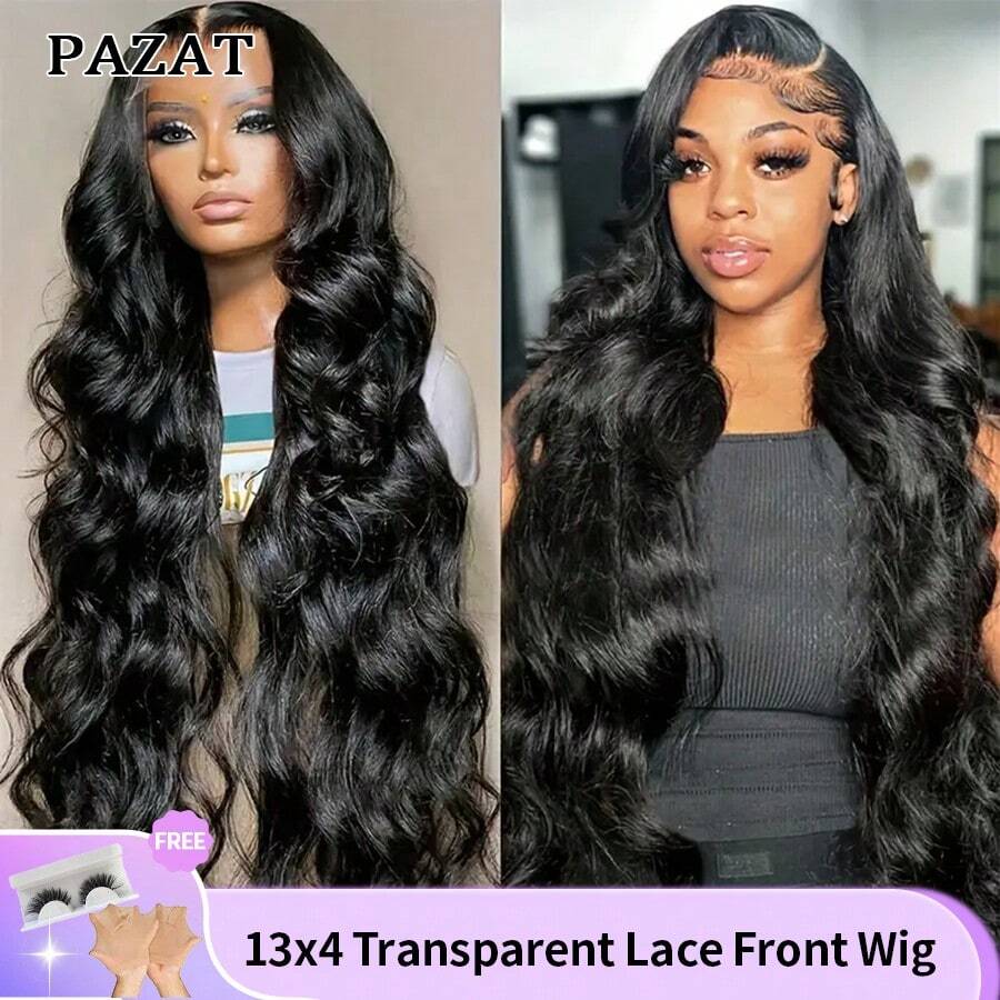 Tóc giả ren trước trán PAZAT 13x4 Body Wave, Tóc thật cho phụ nữ, Tóc giả ren trước trán HD mật độ 200%, Tóc thật được nhổ sẵn với tóc con, Tóc giả tóc thật chân tóc tự nhiên (24 inch) - màu đen - Xem 1