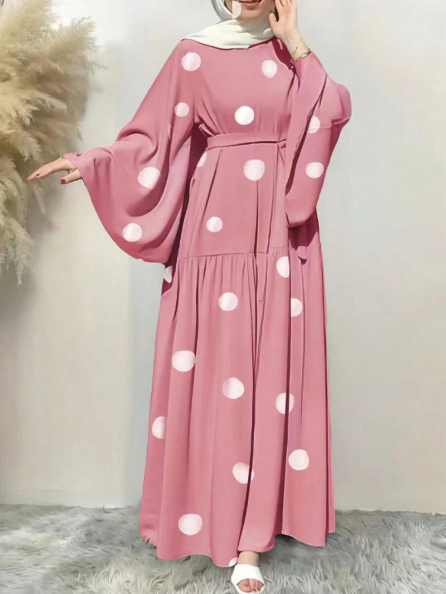 فستان أنيق للمرأة ذو أكمام على شكل أجراس، بلون أحادي اللون، مناسب للربيع والصيف ،محتشم - نقاط البولكا الوردية - مشاهدة 1