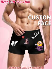 Personalized Photo Printed Heart Pattern Men's Briefs, Elastic Comfortable Casual Customized Underwear, Great Gift For Boyfriend, Husband, Valentine's Day - Black - View 2