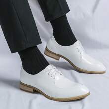 Men's Pointed Toe Lace-Up Shiny Loafers, Dress Casual Business Fashion Versatile Black Leather Shoes - White - View 1