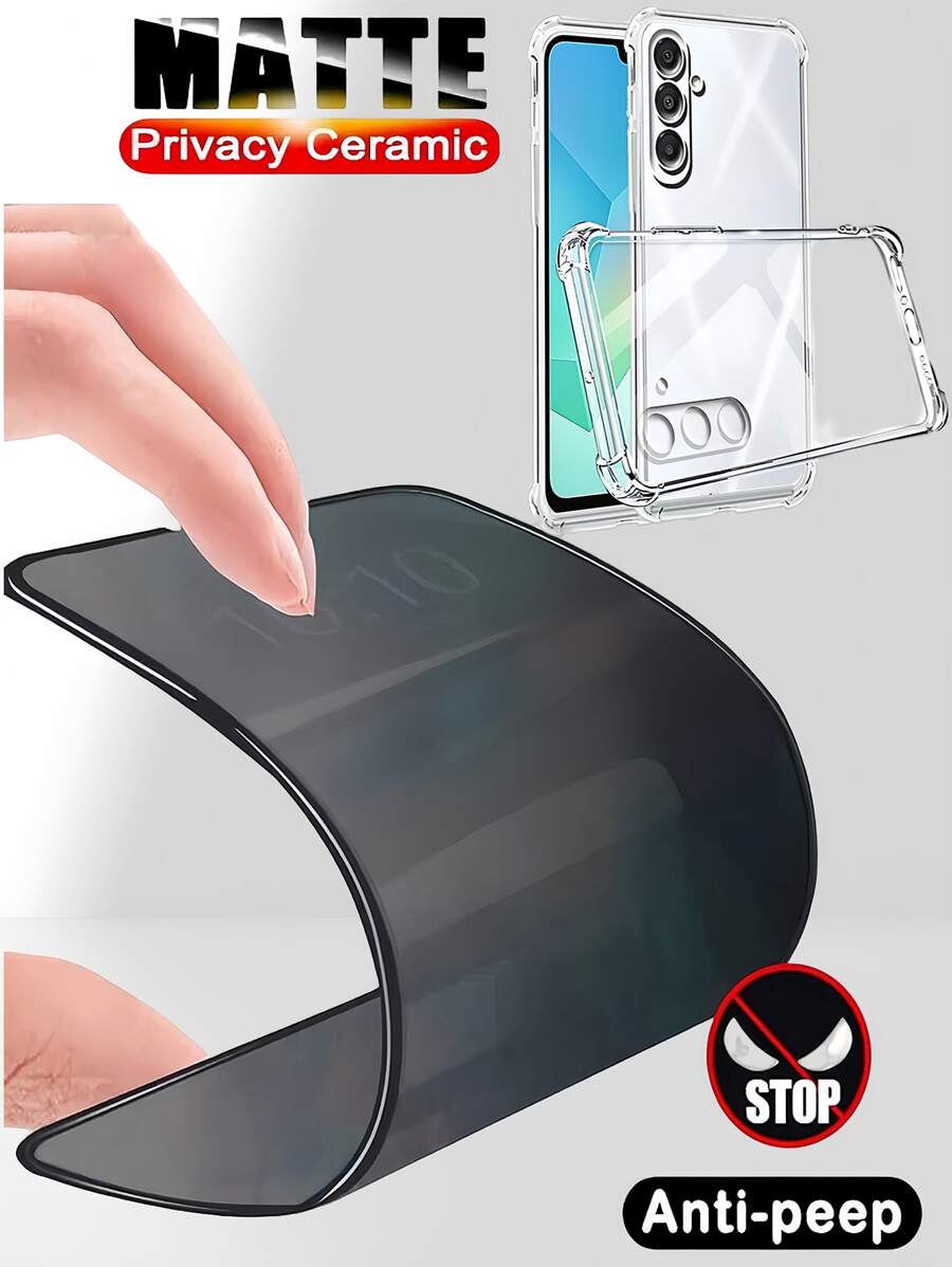 3件組：2片防偷窺磨砂柔性陶瓷膜 + 1個防摔透明手機殼，適用於 iPhone/Galaxy/Honor/，無氣泡、易貼全螢幕，高硬度防刮防指紋，隱私防偷窺