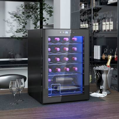 HOMCOM Cantinetta Vino Refrigerata 20 Bottiglie 53L Cantina Vino Monotemperatura 5-18℃ Cantina Vino Bar con Vetro Anti UV, Compressore, Ripiani Regolabile, Display Touch, Luci LED, Classe G, Nero