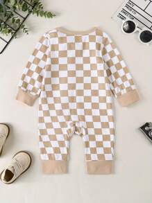 Baby Girl Boy Checkerboard Romper Round Neck Long Sleeve Full Length Zipper Jumpsuit For Fall - Khaki - View 2
