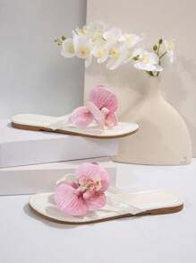 2025 花朵装饰沙滩拖鞋，女式舒适平底休闲度假风格凉鞋，加大码 - 白色 - 查看 5