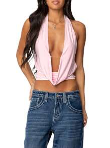 Women's Halter Neck Cami Tops Sleeveless Open Back Deep V Neck Slim Fit Tank Tops - Pink - View 1