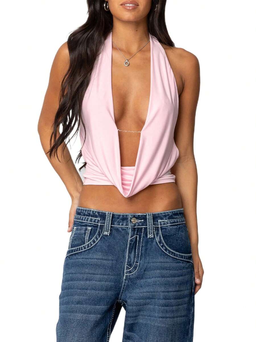 Women's Halter Neck Cami Tops Sleeveless Open Back Deep V Neck Slim Fit Tank Tops - Pink - View 1