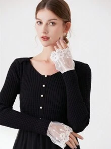 1pair Ladies' Stud Beaded Rolled Edge Sleeve Cuff With Lace Decoration Valentine's Day Valentines