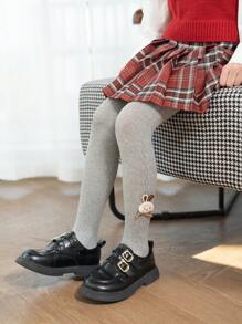 2pcs Girls Kids Striped Leggings, Solid Black And Grey, Cable Knit Pattern Footed Tights With Cute Rabbit Decor, Comfortable & Versatile For Daily Wear, Suitable For Spring, Autumn, All Season - Multicolor - View 4