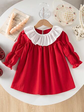 Baby Girl Ruffle Collar Puff Sleeve Casual Dress, Suitable For Outdoor, Party And Daily Wear, Spring & Autumn