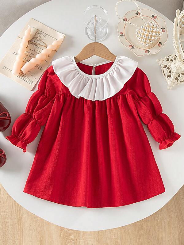 Baby Girl Ruffle Collar Puff Sleeve Casual Dress, Suitable For Outdoor, Party And Daily Wear, Spring & Autumn