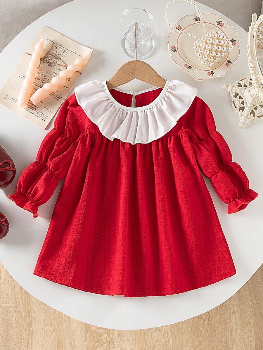 Vestido casual con cuello de volantes y mangas abullonadas para niña bebé, adecuado para uso en exteriores, fiestas y uso diario, primavera y otoño - Rojo - Ver 1