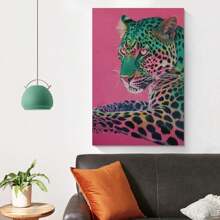 1 Piece Framed Fashion Retro Green And Pink Leopard Print Poster College Style Cool And Fashionable Painting Poster Canvas Wall Art Print Suitable For Modern Living Room Bathroom Bedroom Hotel Apartment Villa Children's Room Nursery Porch Kitchen Restaurant Classroom Office Decoration Ready To Hang