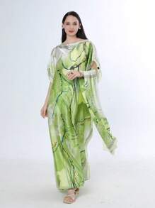 1件几何图案长袍，带披肩领（含1条围巾），适合连衣裙穿着。 - 彩色 - 查看 4