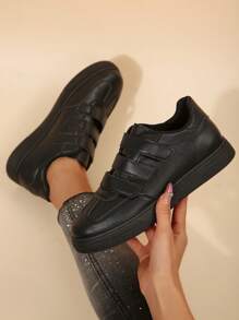 女士新款系带圆头休闲白色运动鞋，适合学生、户外、日常散步、春秋季 - 黑色 - 查看 3