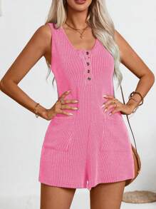 Summer Rompers For Women Solid Color Sleeveless Ribbed Casual Jumpsuit With Pockets - Hot Pink - View 4
