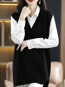 Minimalist Casual V-Neck Sleeveless Pullover Solid Color Retro Elegant Women Black Knit Sweater Vest, Autumn/Winter