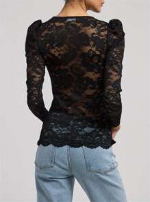 Women's Lace Tops Stylish Solid Mesh See Through Lace Floral Slim Fit V Neck Long Sleeve T-Shirt - 黑色 - 查看 4