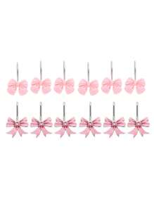 12pcs Valentine's Day Resin Pink Bow Shower Curtain Hooks, Pink Bathroom Accessories Home Decor, Curtain Rings, Decorative Bathroom Home Accessories, Art Decors, Design Rust-Proof Metal Shower,Decorative Shower Curtain Hooks,Valentine's Gift - Pink - View 12