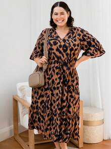 Plus Size V-Neck Short Sleeve Leopard Print Simple Holiday Home Party Casual Long Dress - Brown - View 8