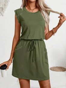 Women Solid Color Dress Short Sleeved Waist Cinched Slimming
