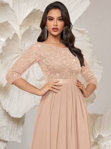 MIUSOL 优雅亮片花卉蕾丝七分袖褶裥雪纺正式派对长裙，正式晚礼服，适合婚礼宾客、毕业典礼、宴会及其他场合，春季款 - 香檳色 - 查看 9