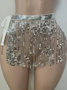 Faldón de danza del vientre para mujer con pañuelo de cadera, falda envolvente con cadena de cintura y lentejuelas, faldas con flecos brillantes para danza del vientre, disfraz de vaquera espacial para Mardi Gras