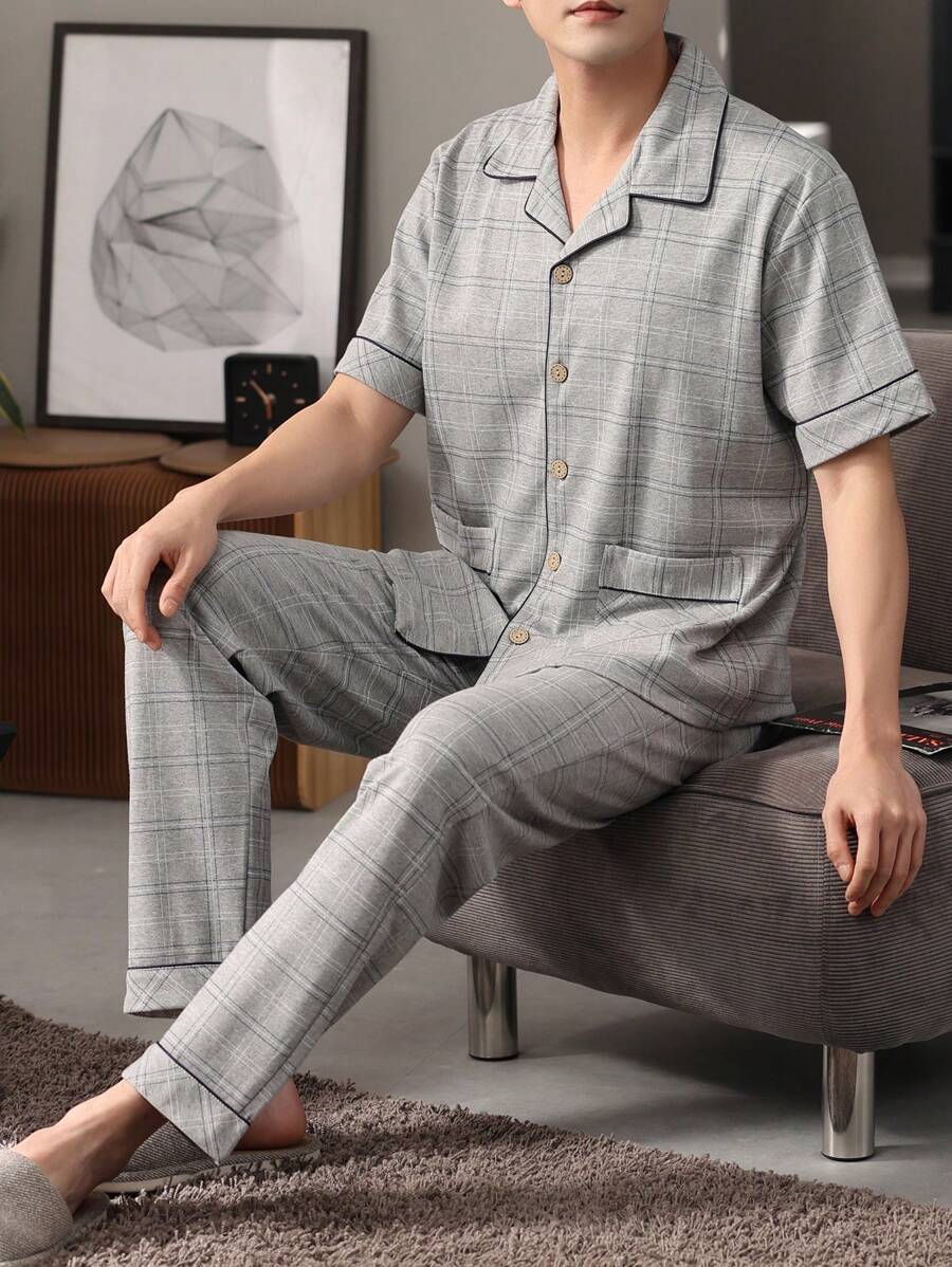 [PONX]男士格子睡衣套装（两件套），短袖开衫上衣和长裤，透气吸湿家居服 - 淺灰色 - 查看 1
