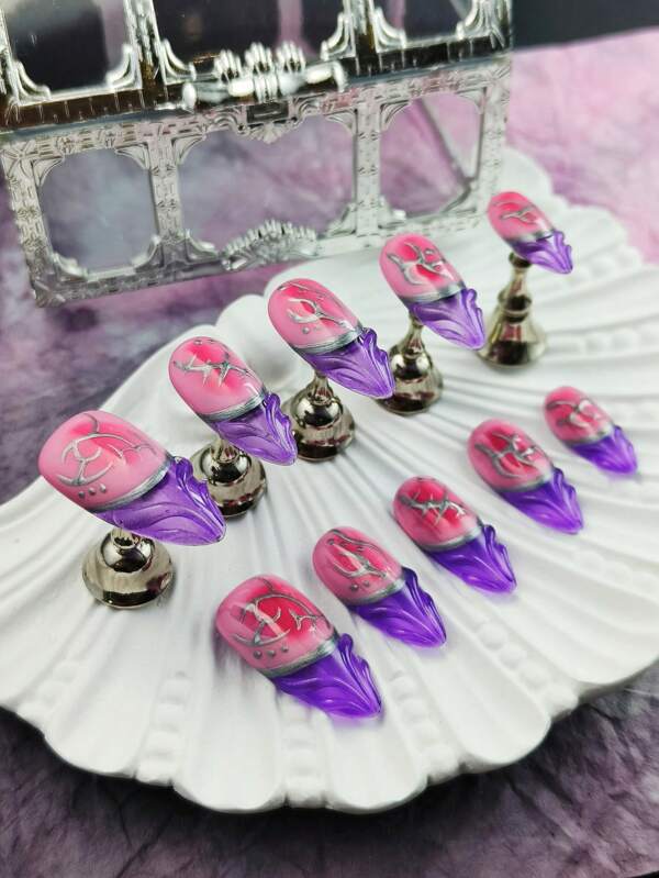 10PCS Medium Stiletto Fake Nails|3D Dragon Art, Pink - Purple Gradient, Eye - Catching Design Full Coverage, Includes File & Jelly Glue, Perfect For Edgy Looks/Anime Events, Nail Set For Bold Style