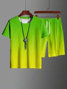 2pcs/Set Men's Summer Casual Suit, Colorblock Short Sleeve Crew Neck T-Shirt & Drawstring Shorts Set, Beach Shorts, Exercise Shorts