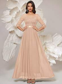 MIUSOL 优雅亮片花卉蕾丝七分袖褶裥雪纺正式派对长裙，正式晚礼服，适合婚礼宾客、毕业典礼、宴会及其他场合，春季款 - 香檳色 - 查看 5