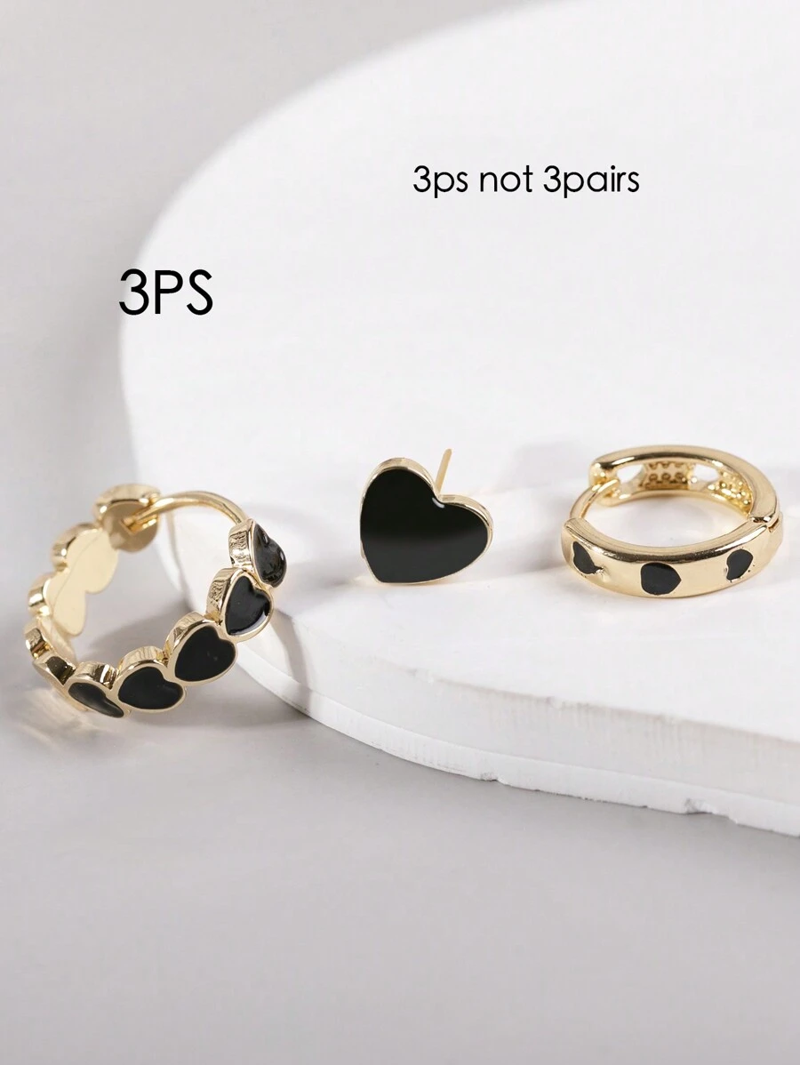 3 件/套甜美酷炫心形铜耳环，适合日常佩戴、送给最好的朋友或情人节礼物情人节、妈妈、母亲、母亲节、礼物 - 黑色 - 查看 1