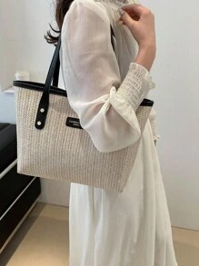 Grass Woven Tote Bag For Women, Fashion Vacation Beach Shoulder Bag, Large Capacity Handbag For Daily Use & Commuting