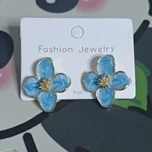 1 Pair Fashion Hibiscus Drip-Glaze French-Style Vintage Hong Kong Style Floral Earrings, 3D Small Flower Versatile Ear Studs Accessories - Blue - View 2