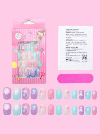 24pcs Y2K Children's Toys Push-On Nail Stickers Short Square Round Push-On Nails With Heart Moon Design Pattern Classic Cute Elegant Daily DIY Jewelry False Nail Stickers