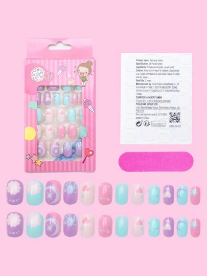 24pcs Y2K Children's Toys Push-On Nail Stickers Short Square Round Push-On Nails With Heart Moon Design Pattern Classic Cute Elegant Daily DIY Jewelry False Nail Stickers Nail Supplies