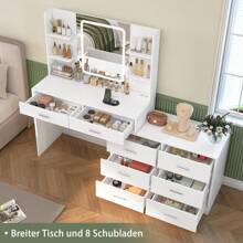 Dressing Table With LED Light Mirror & Socket For Valentine's Day Gift, 8 Drawers, 6 Shelves, 3 Color Modes & Adjustable Brightness Dressing Table, Corner Vanity, L-Shape Change, White