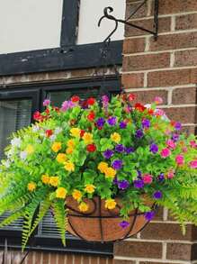 17.32 Inches Artificial Hanging Flowers With Basket, Faux Hanging Plants Flowers Basket UV Resistant Rose Eucalyptus Plants, Fake Plastic Greenery Flowers For Outdoors Garden, Spring Decor For Patio Porch - Nhiều màu - Xem 2
