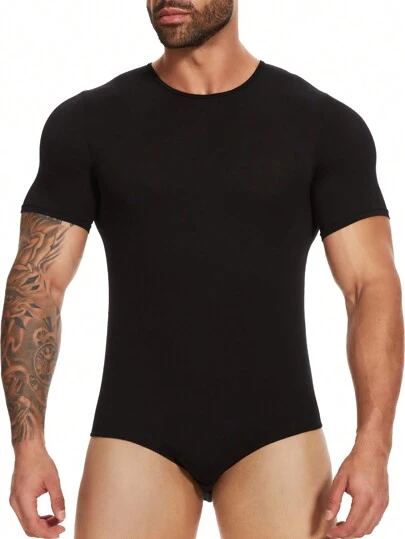 Mens Short Sleeve Bodysuit Pajama One Piece Pajamas Rompers Basic Top Underwear Undershirts T-Shirts Sleepwear Round Neck