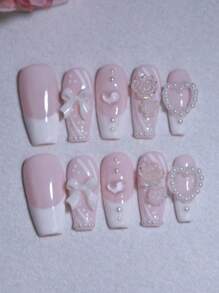 3D 心形蝴蝶结指甲饰淡粉色手工指甲甜美可爱美甲设计 100% 手工制作按压指甲 10 片棺材色中长指甲片指甲可重复使用假指甲适合四季美甲设计礼物送给女孩的美甲用品指甲