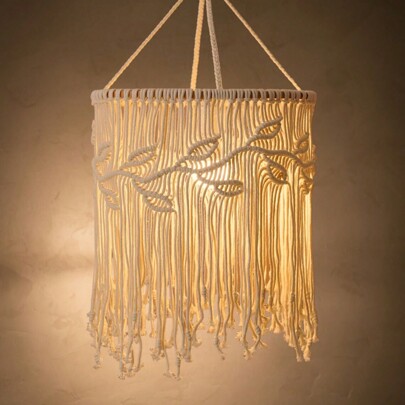 1pc Macrame Lampshade, Boho Style Hanging Decor, Handwoven Floral Leaf Tassel Pendant Light Decoration - Lamp Not Included