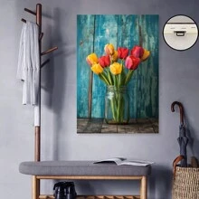 Rustic Tulips Canvas Print,  Colorful Bouquet In A Glass Jar,  Weathered Blue Wood Background,  Floral Wall Art