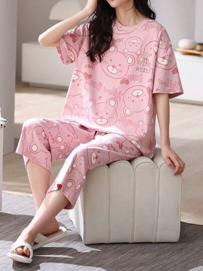 AICJ 2 stuks/set dames casual effen loungewear, ronde hals schattige beer letter bloemenprint top met korte mouwen en 3/4 broek, Moederdag, lente/zomer, tweedelige set
