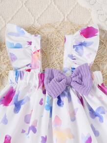 Set da 3 pezzi di abbigliamento estivo per bambine: canotta con fiocco e stampa a fiocco 3D, maniche a volant, e pantaloncini comodi a costine di colore unito - Viola - Visualizzare 5